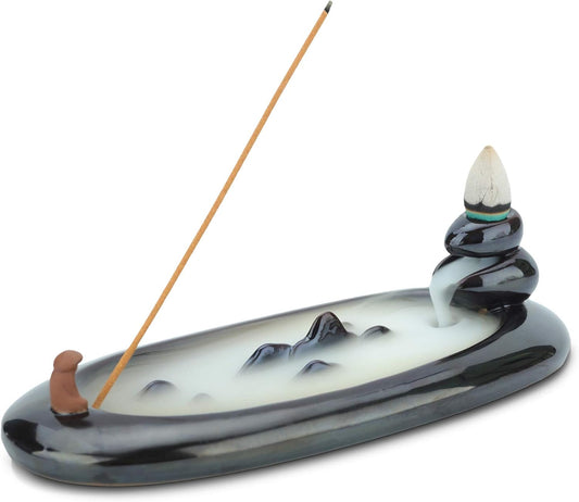 ComSaf Incense Stick Holder Ceramic Black 7 Inch, Backflow Incense Burner for Cone Stick, Ceramic Ash Catcher Decorative Tray for Aromatherapy Ornament Home Decor