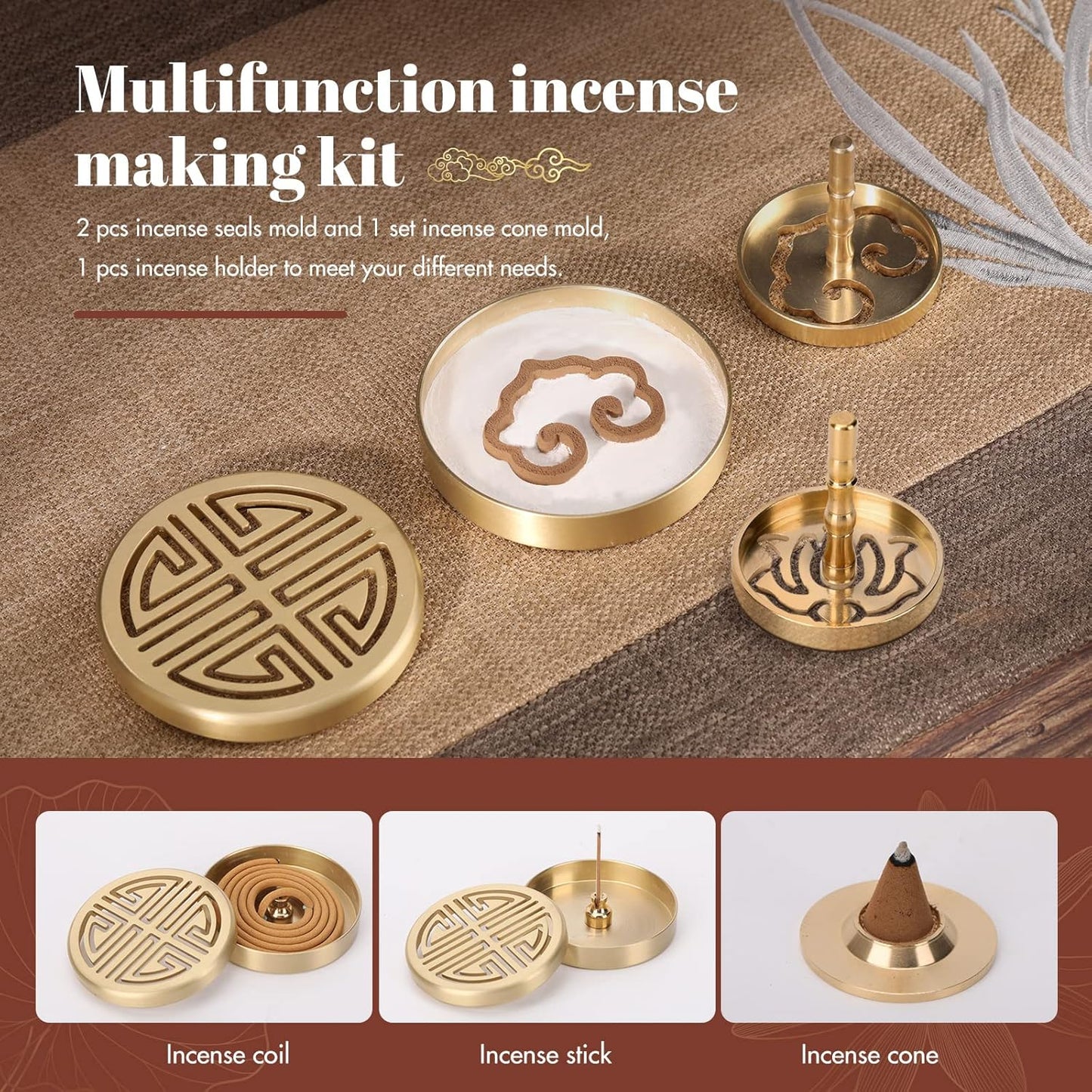 12 Pcs Incense Burner Kit, Brass Incense Making Kit, Incense Seal Mold Incense Cone Tower Mold Incense Holder for Yoga Meditation Home Fragrance